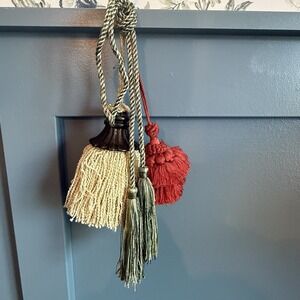 Vintage Tassel Collection Sage Green Chenille Cream Red Drapery Tiebacks